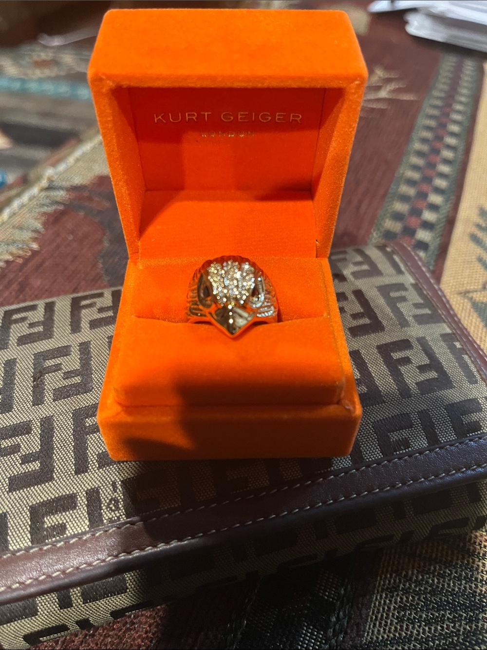 Kurt Geiger Gold Eagle Head Ring with Clear Crystals Size 7